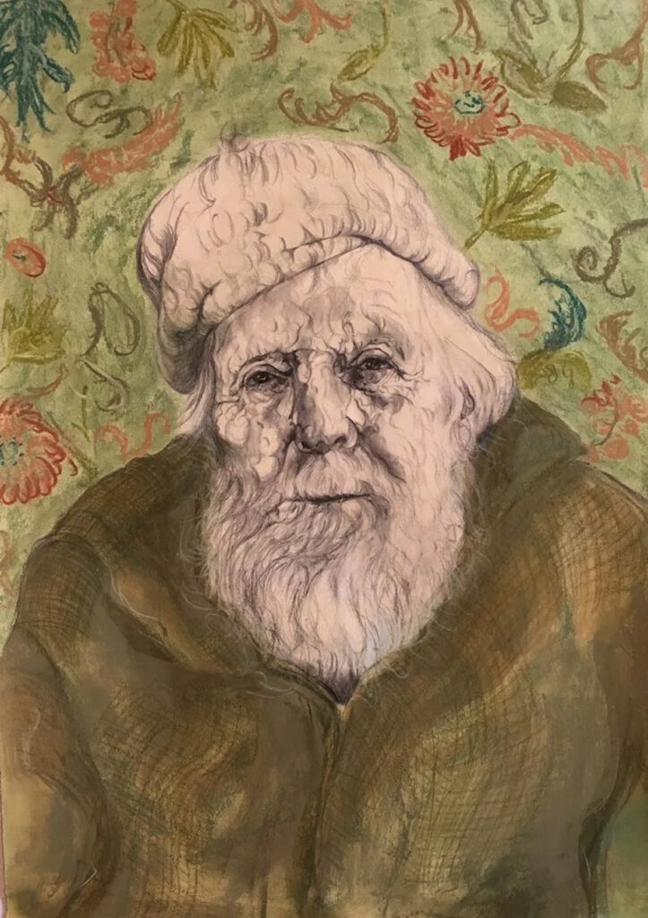 An elderly male resident sketched by Gideon Summerfield