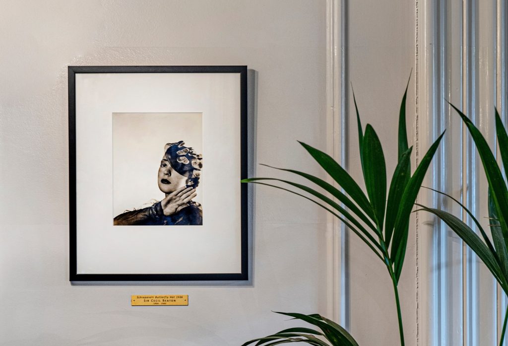 A black and white photograph of a woman hanging beside a plant