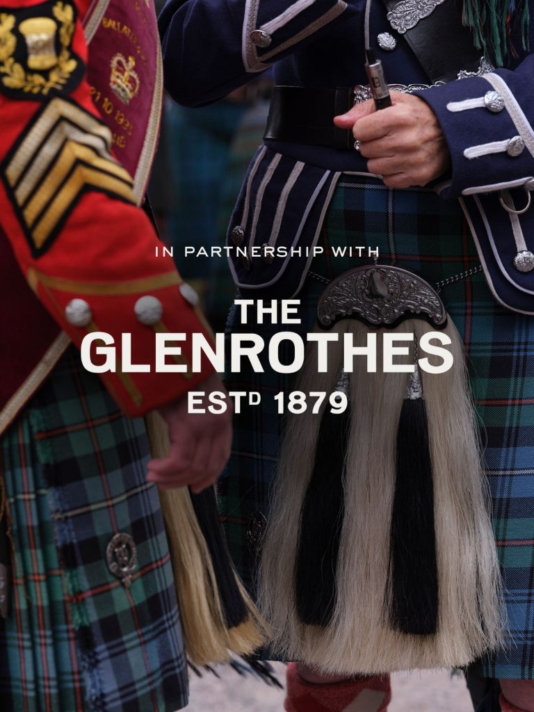 Two men wearing traditional kilts and sporrans with the Glenrothes logo overlaid