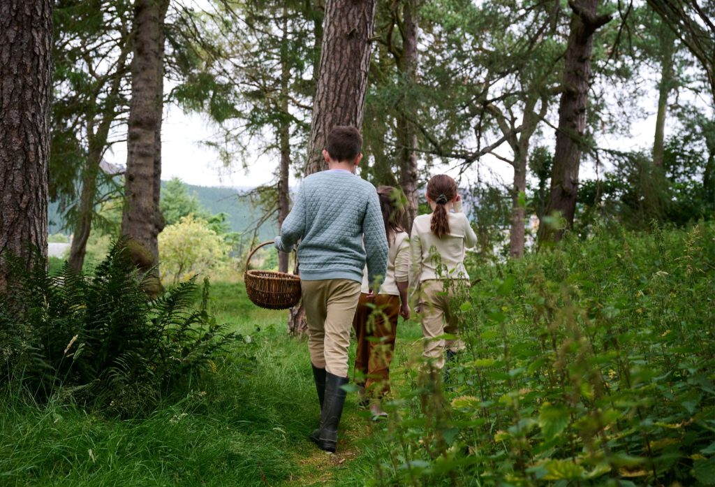 Three children exploring woodland with a basket