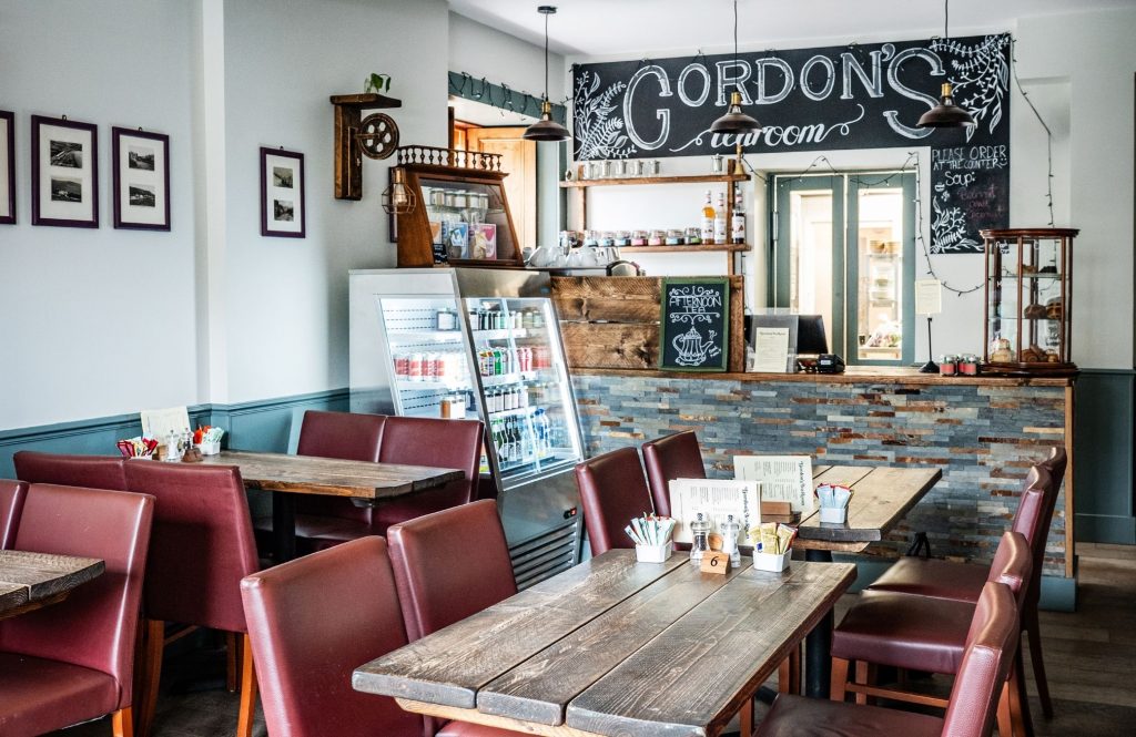 Tables and chairs inside Gordon's Tea Room
