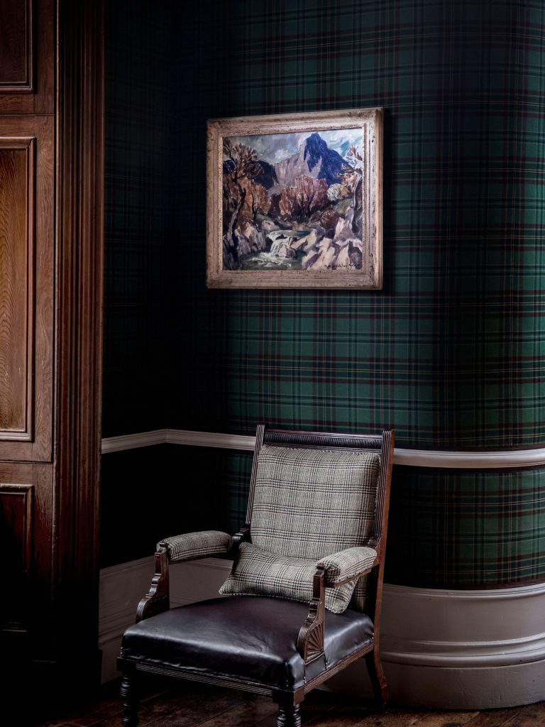 A painting of mountains hanging on a tartan wall.