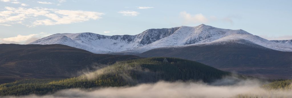 Lochnagar in the winter with snow on the peaks