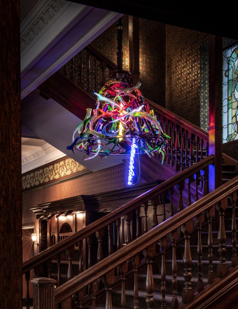 Richard Jackson's neon chandelier in the lobby
