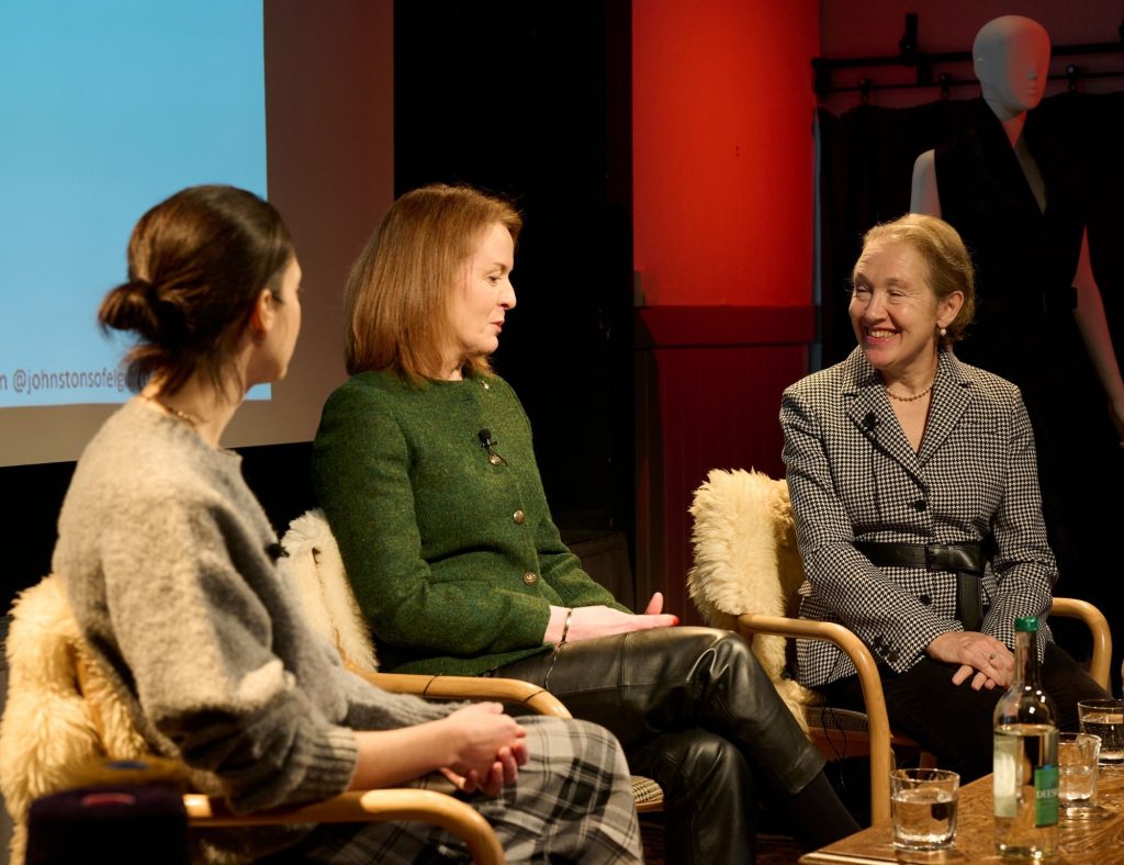 Justine Picardie on-stage discussing Dior and Scotland at Festival of Fashion in 2024