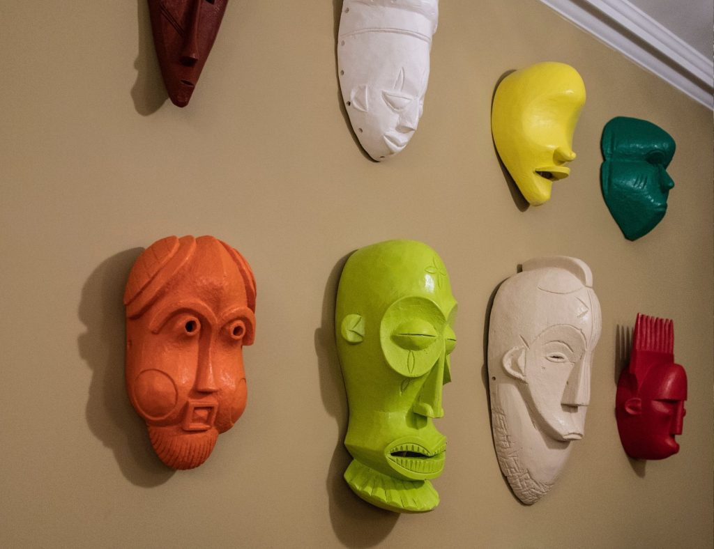 Masks on the wall at the fife arms by a Hauser & Wirth artist