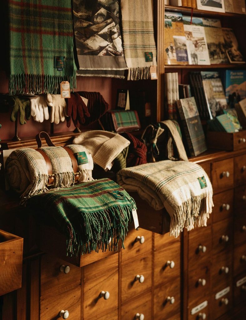 The Fife Arms shop with shelves of blankets, hats and gloves
