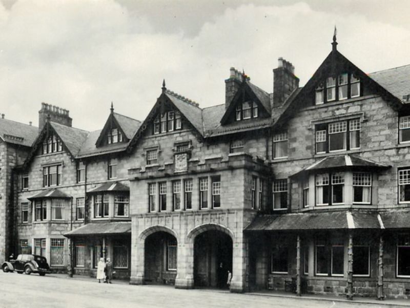 Black and white exterior of the Fife Arms hotel
