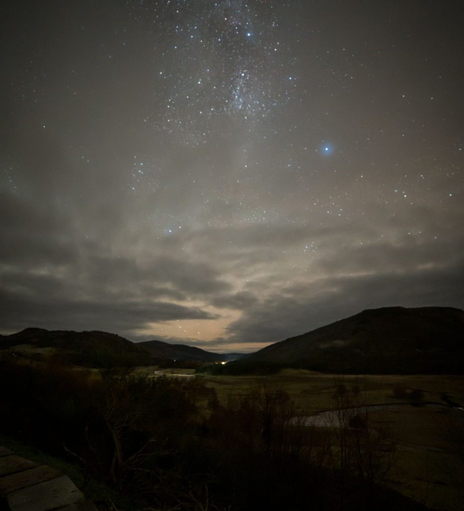 A view of a clear night sky above Braemar with stars