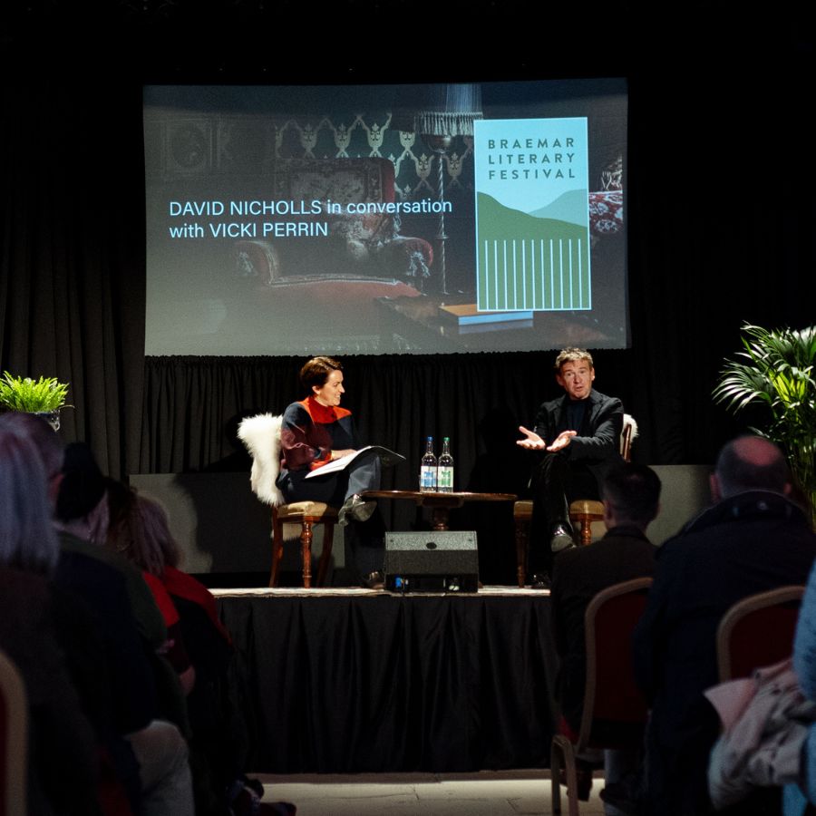 Author David Nichols on-stage at Braemar Literary Festival with Vicki Perrin from the Queen's Reading Room
