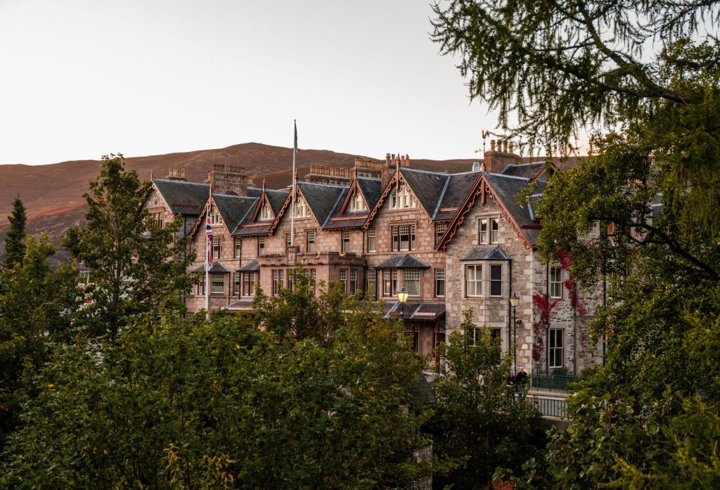 The exterior of the Fife Arms at dusk