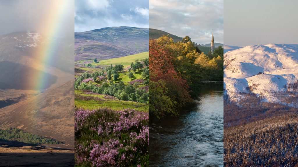 Four images of the Royal Deeside landscape side by side, evolving through the seasons.