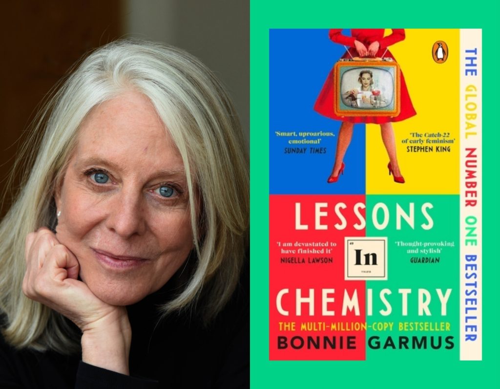 A portrait of a woman with straight grey hair beside a colourful book cover
