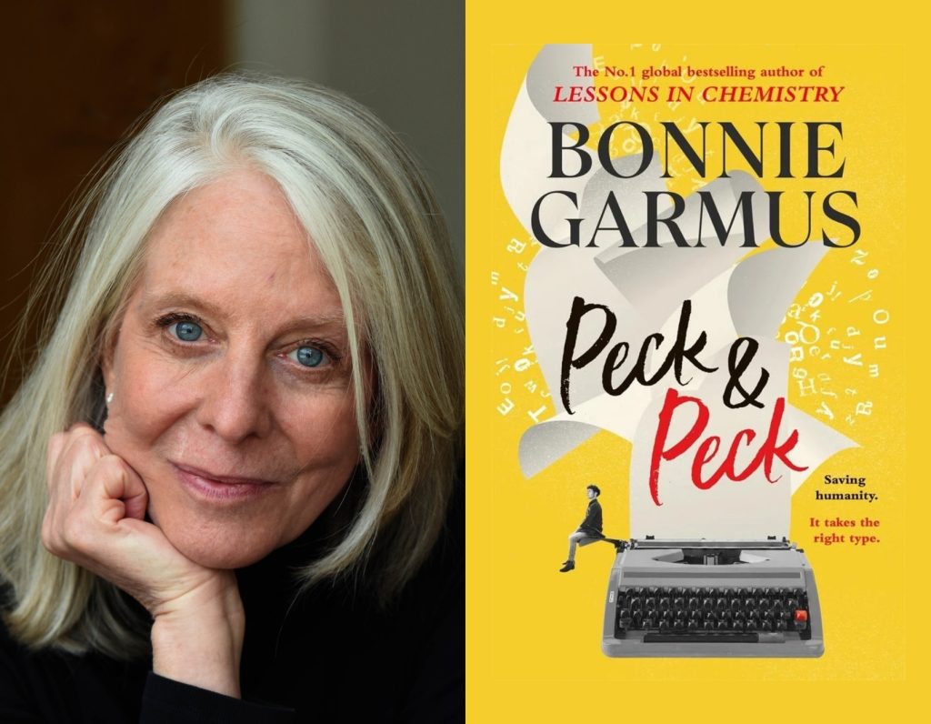 A woman with straight grey hair beside a yellow book cover