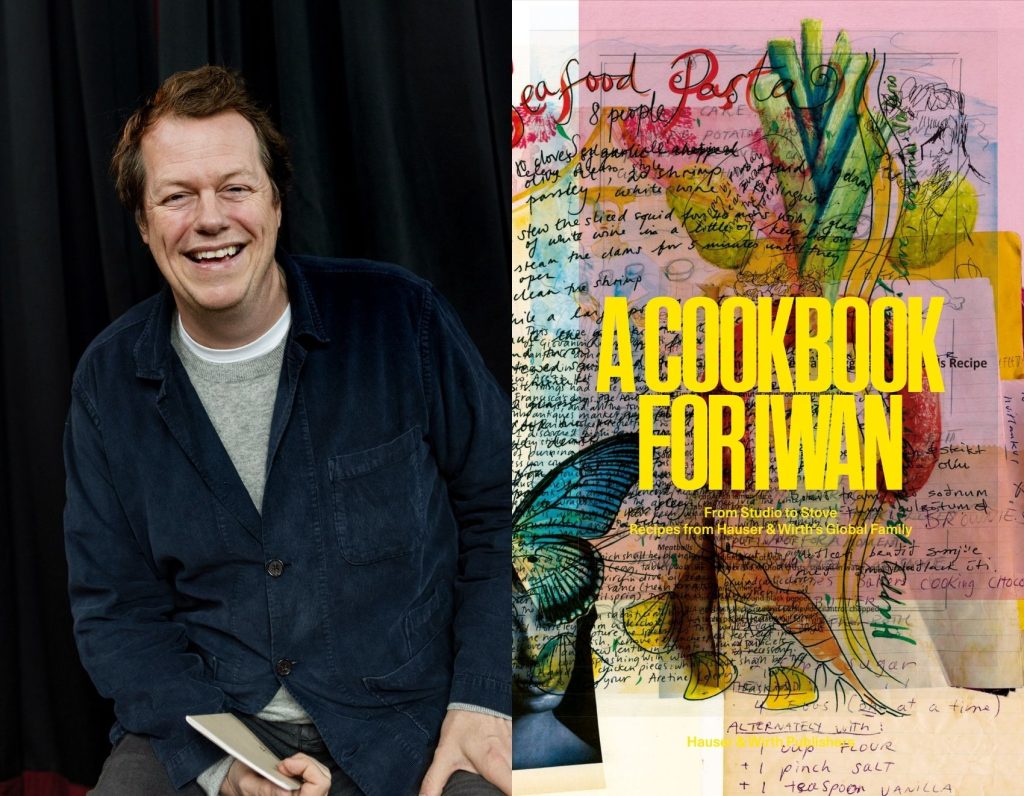 A smiling man beside a colourful cookbook cover