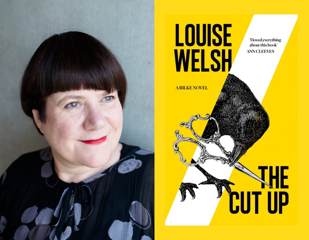 A portrait of a woman with short dark hair beside a yellow book cover