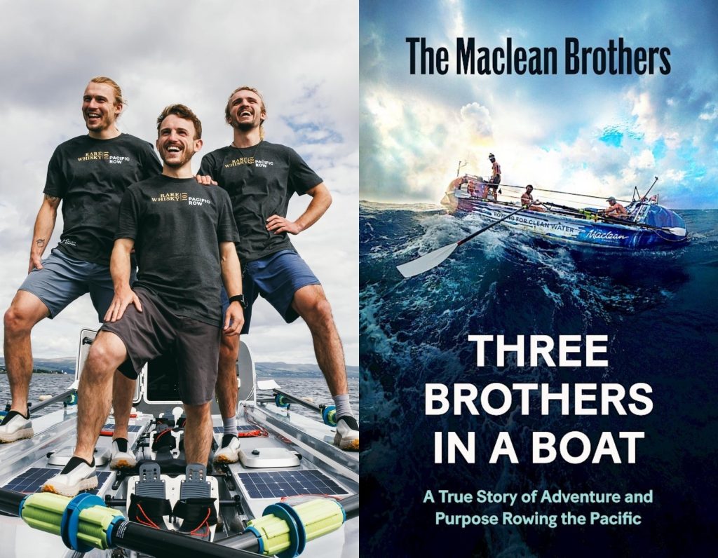 Three men stood in a rowing boat beside a book cover with a boat at sea