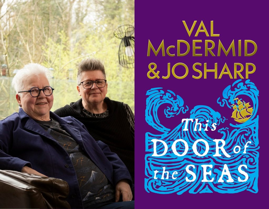 Two seated women beside a purple book cover