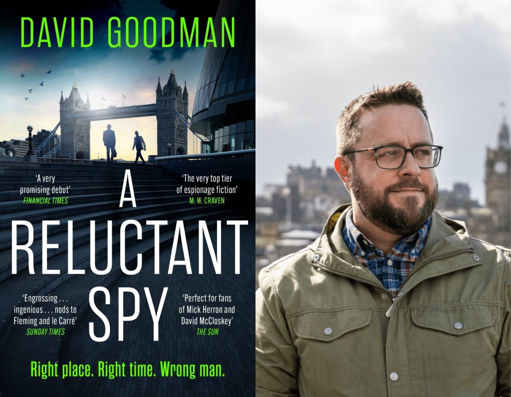 A spy fiction book cover beside a portrait of a man outdoors