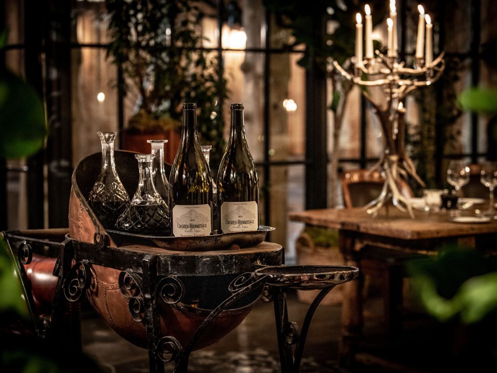 Bottles of wine ina banqueting room