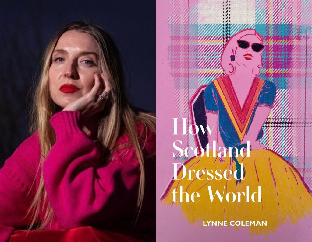 A portrait of a woman beside a pink book cover